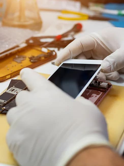 Gloved hands repairing a tablet on a workbench